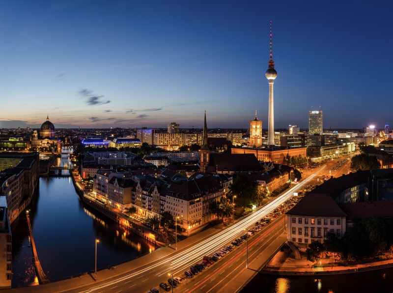 skyline, building exterior, street, high angle view, parking cars, car Parking, Berlin Skyline at the Blue hour, the city, lights, 8K, night, travel, travel destinations