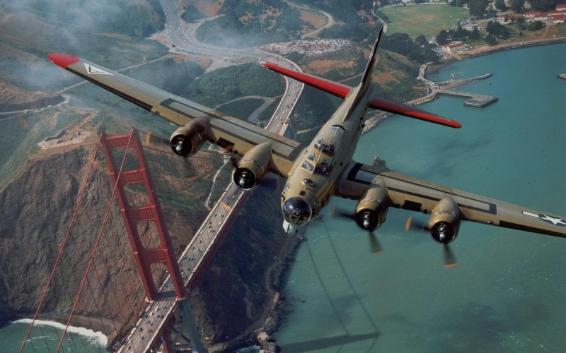 golden gate, b, ww2 bomber, gate, 1080P, golden, san francisco, bridge, aircraft, aircraft planes