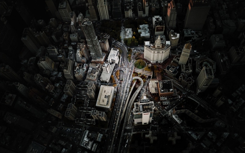 aerial view, large group of objects, full frame, New York City, building exterior, skyscraper, 1080P, complexity, machinery, modern, high, architecture