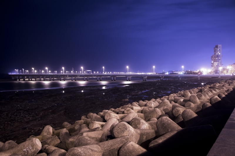 night, mumbai, nighttime, longexpoure, rock - object, architecture, connection, worli sea face, illuminated, building exterior, bridge - man made structure
