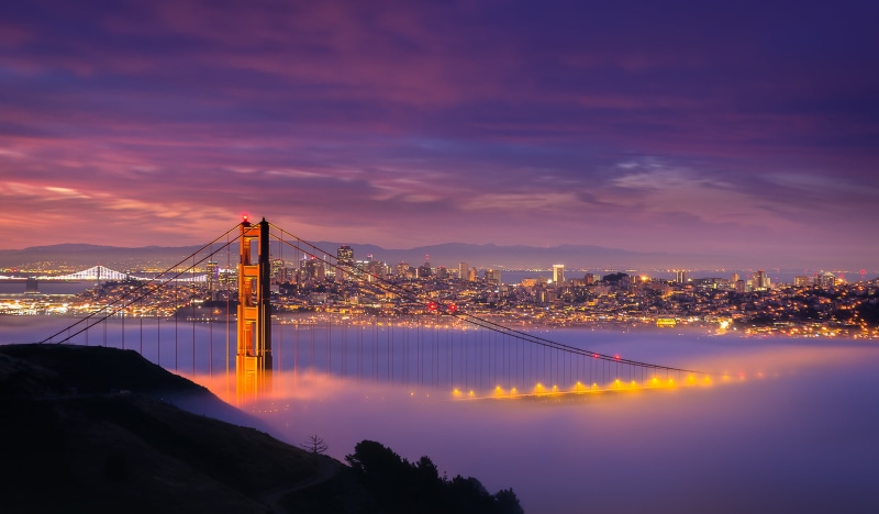 sea, clouds, night, cityscape, Dreamy, Golden Gate Bridge, SF, lights, architecture, urban Skyline, gate, fog, sky, California  San Francisco, skyline