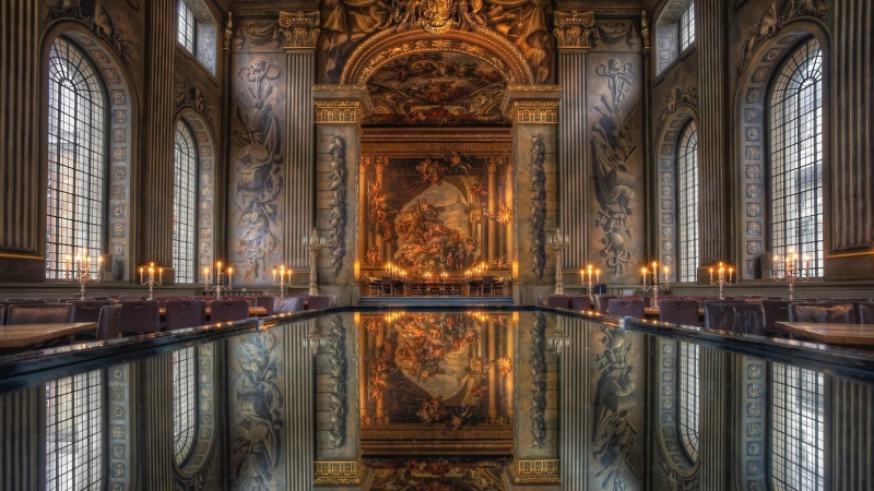 baroque architecture, building exterior, place of worship, religious institute, old royal naval college, london, built structure, hall, europe, travel
