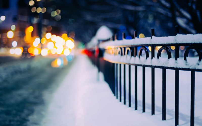 boundary, bokeh, shallow, nature, cold - Temperature, security, light, railing, tree, winter, steel, outdoors, 1080P, road, blue, selective focus, footpath