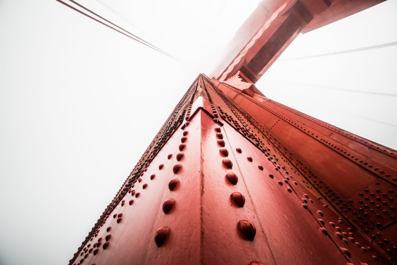 architecture, simple, metal, Foggy, travel, Sky, bridge, directly below, no people, sea, outdoors, Golden Gate Bridge, indoors, gate, 4K, history, nature