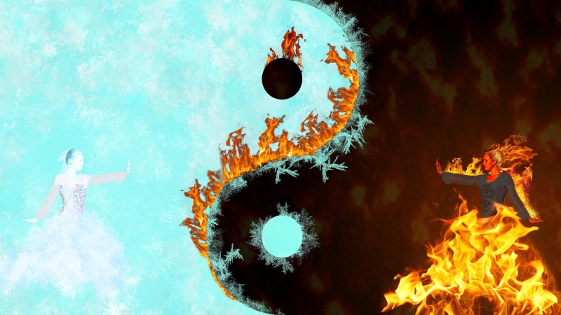 swimming pool, swimming, fire, women, water, Yin and Yang, full length, 4K, fire - natural phenomenon, motion, underwater, animal wildlife, yin, digital composite