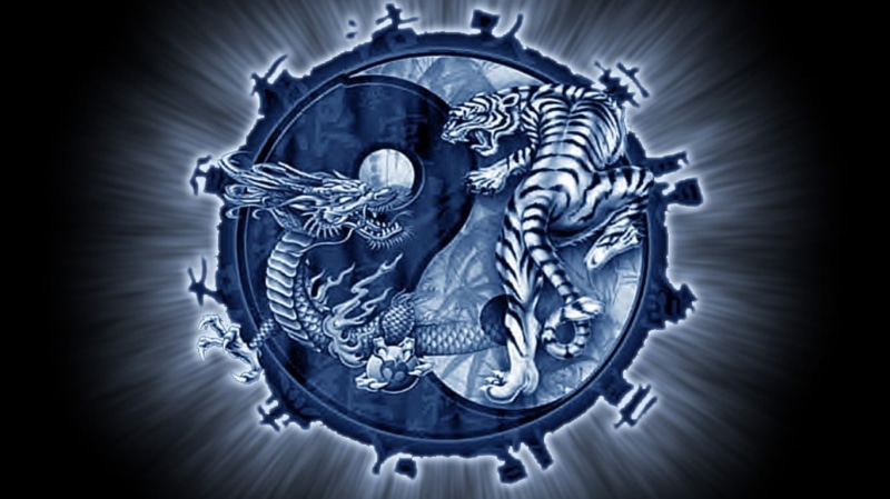 black background, yang, Yin and Yang, science, technology, dragon, shape, blue, human representation, pattern, arts culture and entertainment, metal, indoors