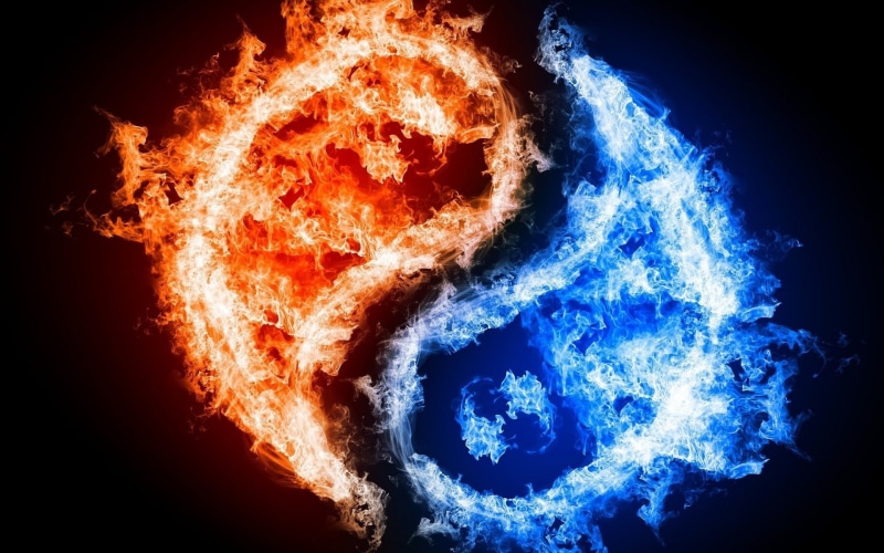 heat - temperature, black background, flame, glowing, Yin and Yang, water, nature, exploding, fire, red, fire - natural phenomenon, sign, digital art, 1080P