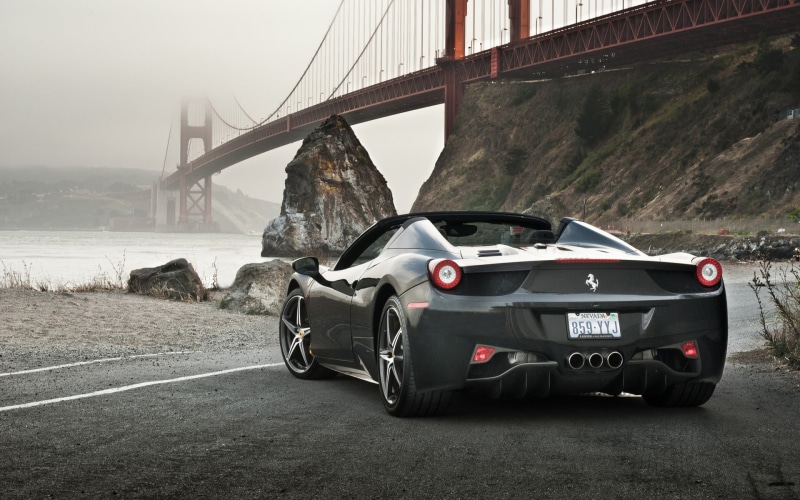 water, bay, sports, no people, black, Ferrari 458 Spider, day, road, suspension bridge, architecture, mountain, Golden Gate Bridge, land vehicle, motor vehicle