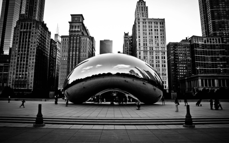 reflection, The Bean, sculpture, Chicago, Cloud Gate, monochrome, cityscape, 2K