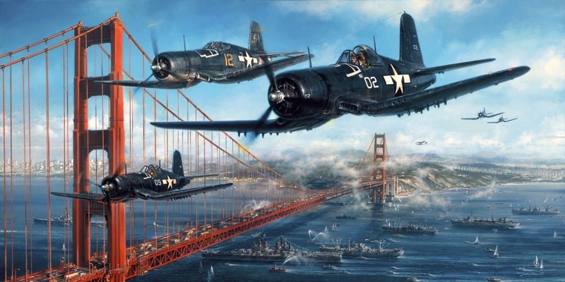 travel, aggression, figure, Chance-VOUT F4U Corsair, the Golden gate bridge, air, mode of Transport, carrier-based fighter, black, leaving, ships, outdoors