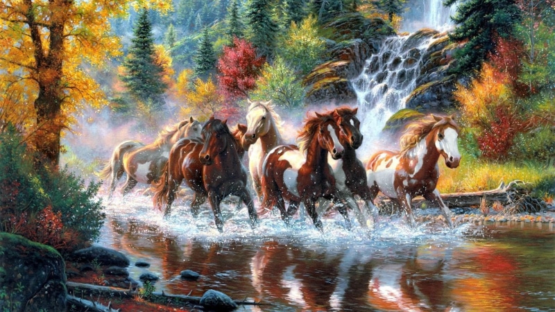 waterfall, 1080P, wildlife, landscape, painting art, river, autumn, forest, tree, painting, nature, wild horse, horse, horses, mustang horse