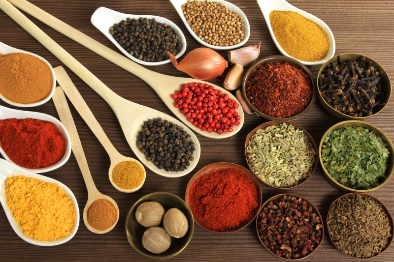 turmeric, red, plates, saffron, pepper, seed, wood - Material, food, spice, high angle view, pepper - Vegetable, cumin, allspice, coriander Seed, indian Culture