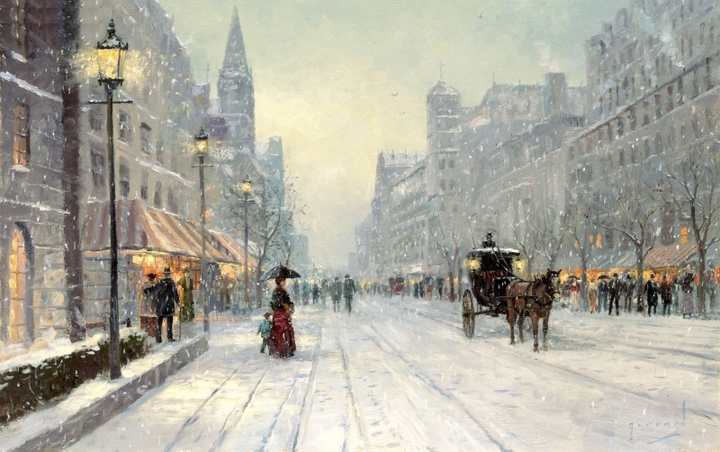 snow, picture, cereal, painting, winter, horse, 2K, skyscrapers, home, large, umbrella, city, lady, Avenue, the city, Winters Dusk, coach, Thomas Kinkade