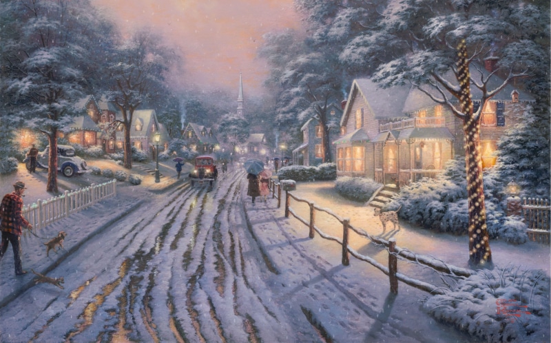 street, ice, transportation, dusk, dolmatinets, environment, lights, storm, fog, snowing, architecture, nice, cottages, houses, Thomas Kinkade, outdoors