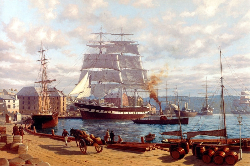 sailboat, group of people, rowboat, painting, water, 720P, architecture, transportation, sailing, white, horse, ship, classic art, sea, sky, dock, brown