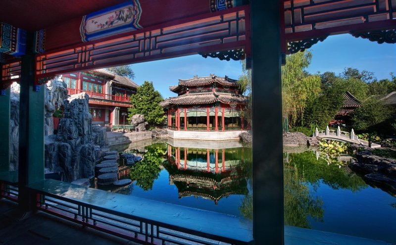 Pond, building exterior, tree, water, white, belief, built structure, City, sky, reflection, 5K, place of worship, religion, Gardens, Summer Palace, plant