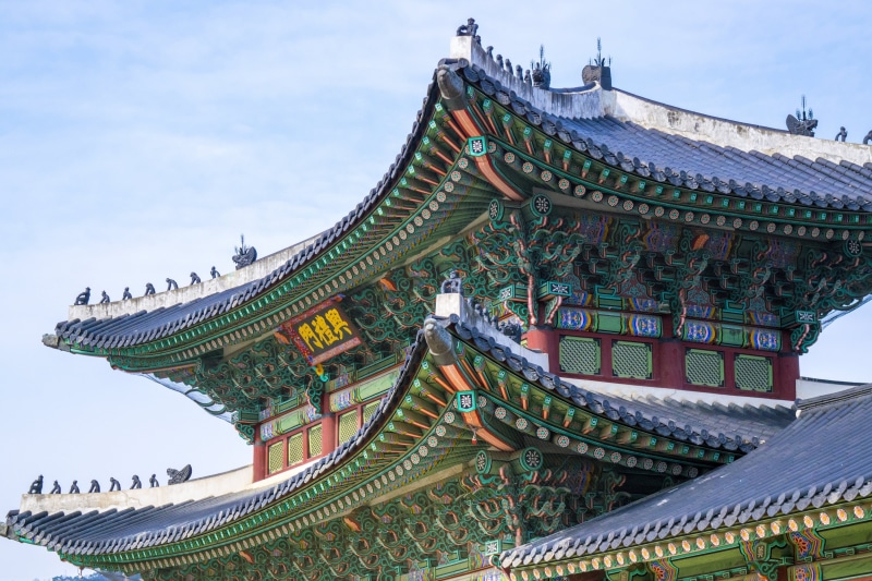 day, palace, architecture, low, spirituality, building exterior, clouds, castle, angle, built structure, ornate, cultures, sky, low angle view, Gyeongbok