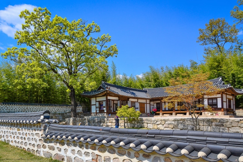 roof, blue, namsan hanok village, sunlight, korean, clear sky, old school, sky, solid, residential district, built structure, building, water, traditional