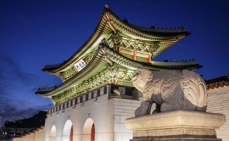 night, built structure, place of worship, Seoul, belief, skyline, the past, Korea, south, low angle view, green, location, haitai, gwanghwamun, statue