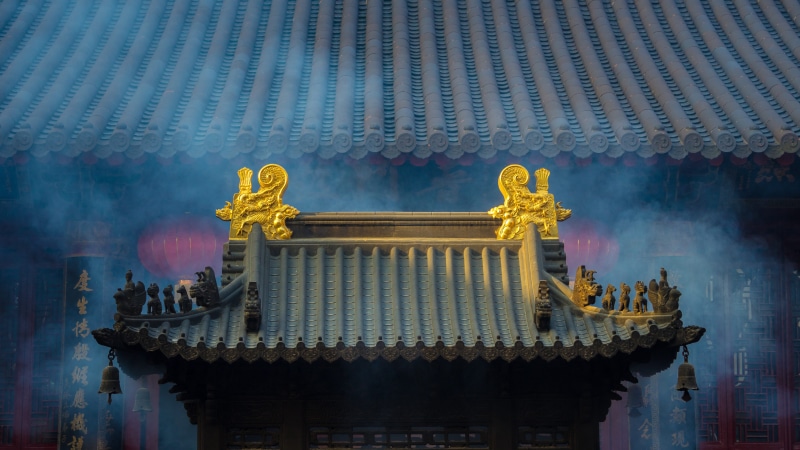architectural column, green, building exterior, ornate, belief, 5K, Putuo, gold colored, gray, smoke, spirituality, travel destinations, architecture