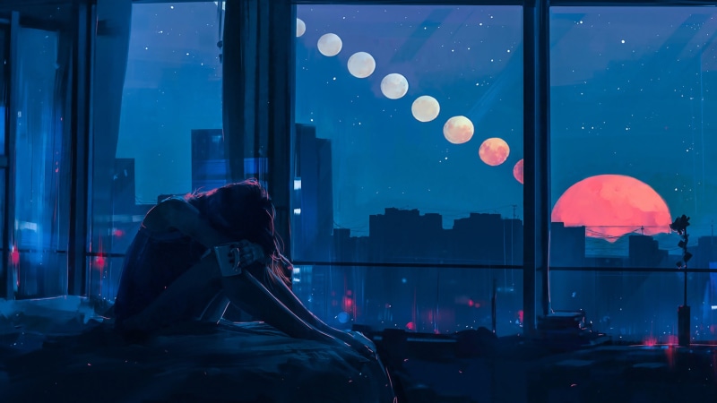 4K, Night, Windows, Girl, Figure, Alena Aenam The, Aenami Art, The moon, by Alena Aenami