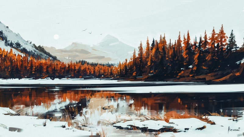 Nature, by Aenami, Aenami Art, Alena Aenam The, 1080P, Serenity, Winter, Aenami, Forest, by Alena Aenami, Figure, Snow, Lake
