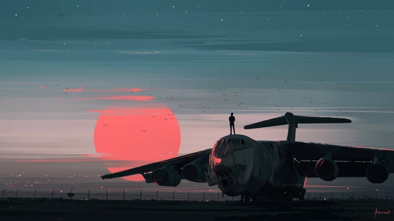 illustration, Aenami, airplane, sky, people, landscape, silhouette, sun, twilight, 1080P, Il-76, digital art, artist, sunset, Ilyushin Il-76, red, painting art