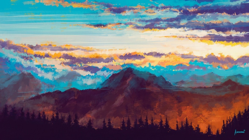 sunset, environment, tree, outdoors, Aenami, trees, plant, orange color, mountain, 1080P, artwork, tranquility, idyllic, silhouette, painting, cloud - sky