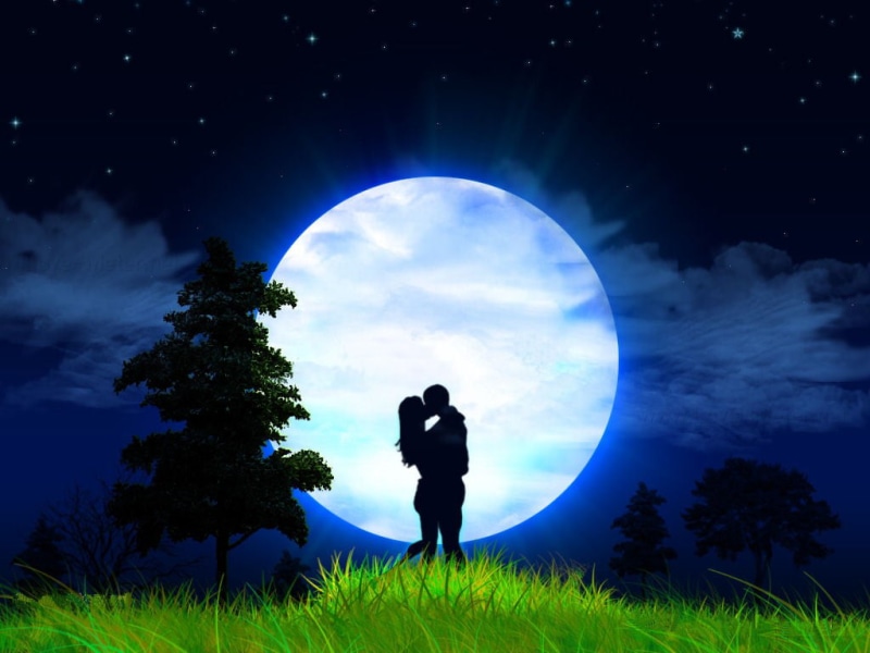 digital composite, adult, nature, woman, silhouette, full moon, grass, man, 480P, watching, rear view, couple, night, kiss, space, kissing, beautiful