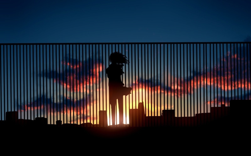 people, illuminated, blue, sky, landscape, females, built structure, night, standing, nature, motion, anime girls, smoke - physical structure, outdoors