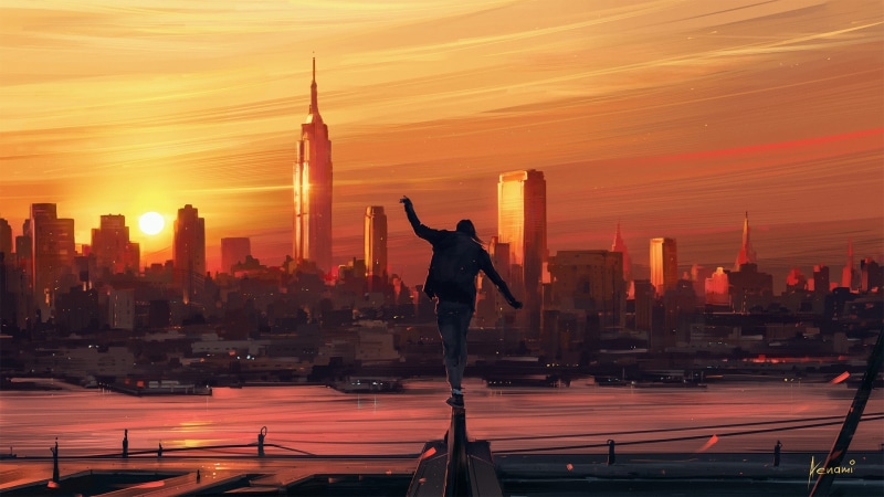 sunset, art, digital art, digital, cityscape, aenami, 1080P, boy, artwork