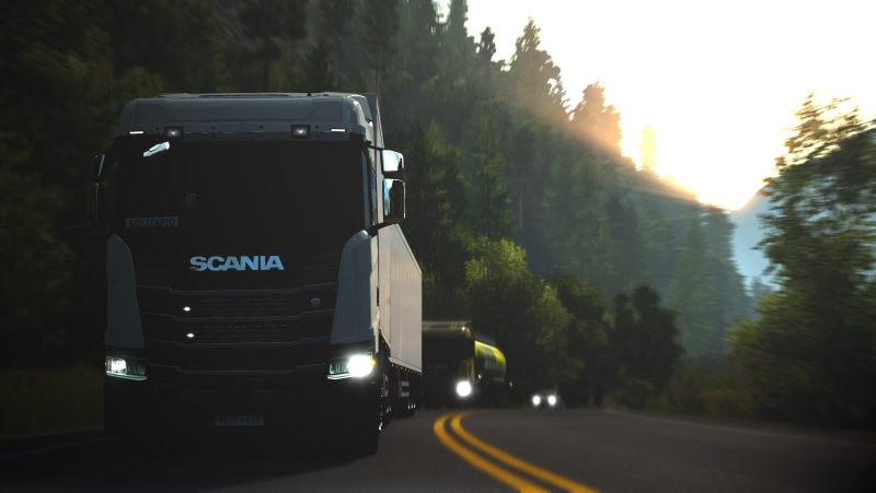 technology, land vehicle, Euro Truck Simulator 2, street, mode of transportation, tree, text, communication, lens flare, outdoors, nature, illuminated