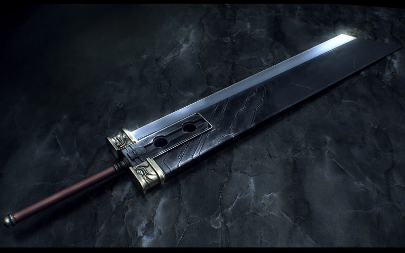 still life, Final Fantasy VII, buster sword, 720P, buster, sword, old, black color, fountain pen, auto post production filter, single object, retro styled