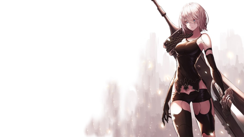 women, video games, white hair, thigh-highs, thighs, Nier: Automata, 1080P, sword, NieR, digital art, tight clothing, A2 (Nier: Automata), artwork