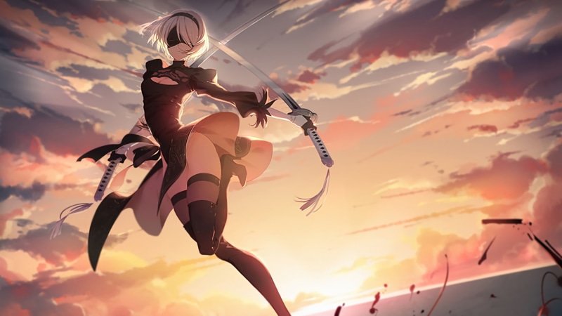 1080P, video games, Nier: Automata, thighs, A2 (Nier: Automata), thigh-highs, women, artwork, NieR, katana, digital art, miniskirt, 2B, sunset
