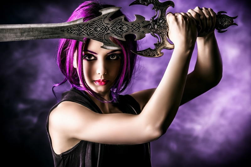 fantasy, sword, 1080P, girl, purple, purple hair, hair