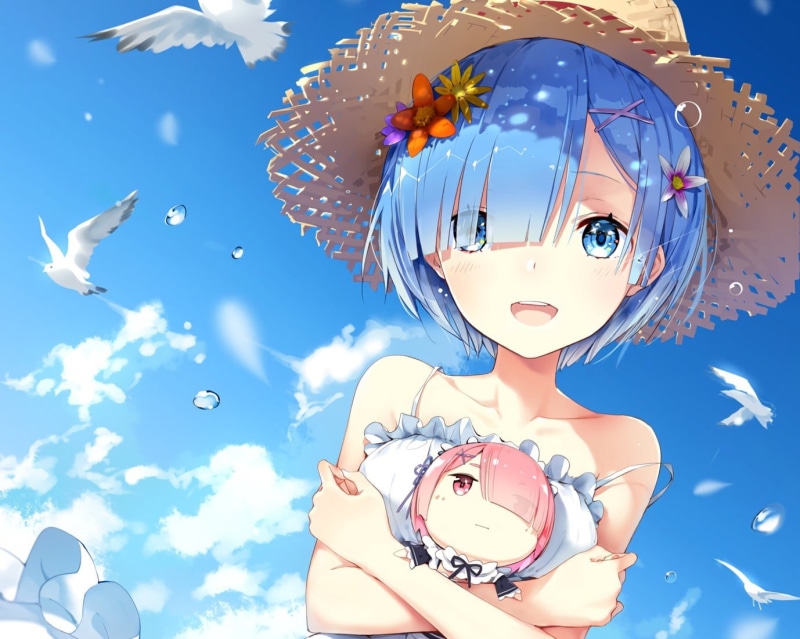 Re:Zero Kara Hajimeru Isekai Seikatsu, outdoors, animals in the wild, digital composite, animal wildlife, Rem (Re: Zero), blue, female, nature, fish, large group of animals