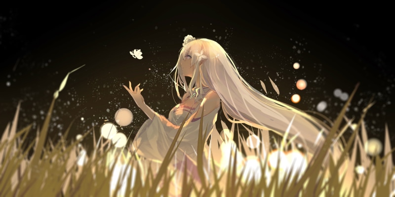 animals in the wild, Emilia (Re: Zero), bird, character, real people, haired, animal wildlife, white, cleavage, vertebrate, female, animated, outdoors