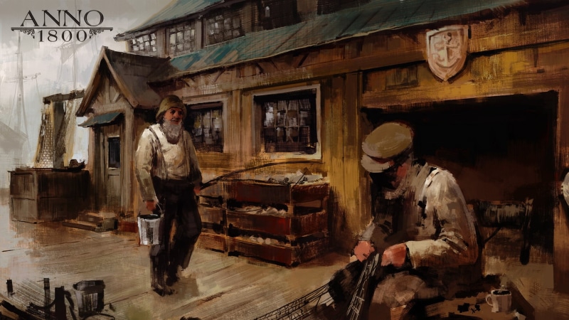 1080P, fisherman, digital art, Fishermans Wharf, Ubisoft, fishing rod, artwork, Anno 1800, harbor, concept art, 1800s