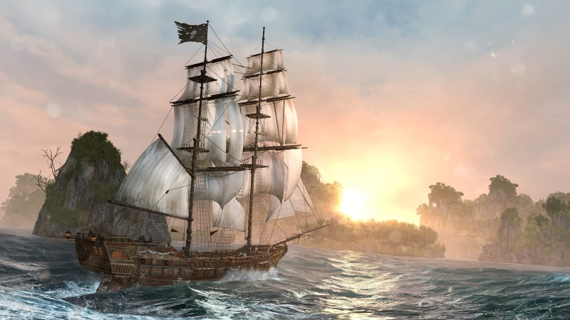 vessel, pirate, clouds, water, fantasy, boat, ship, fisherman, sun, cloud, sky, 4K, craft, travel, sea, silhouette, ocean, sailing