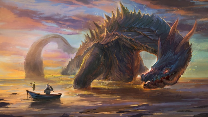 men, outdoors, scenics - nature, mode of transportation, near, clouds, dragon, dark humor, monster, Monster Hunter, boat, reflection, Lagiacrus, knight
