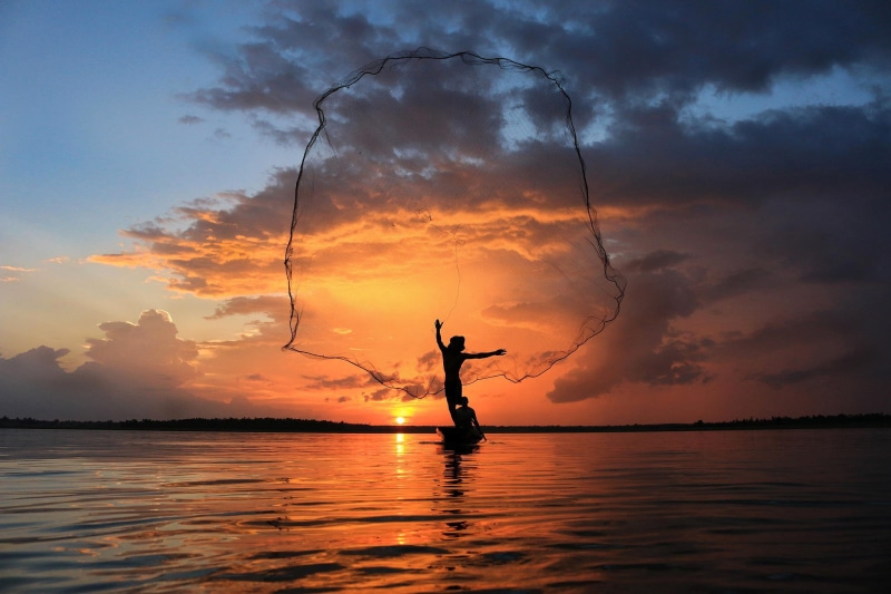 sky, sunset, silhouette, fisherman, boat, fishing, net, 1080P, throwing, thailand, man