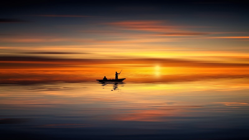 reflection, horizon, golden hour, orange sky, fisherman, ocean, calm, boat, sunset, evening, afterglow, flight, 5K, sea