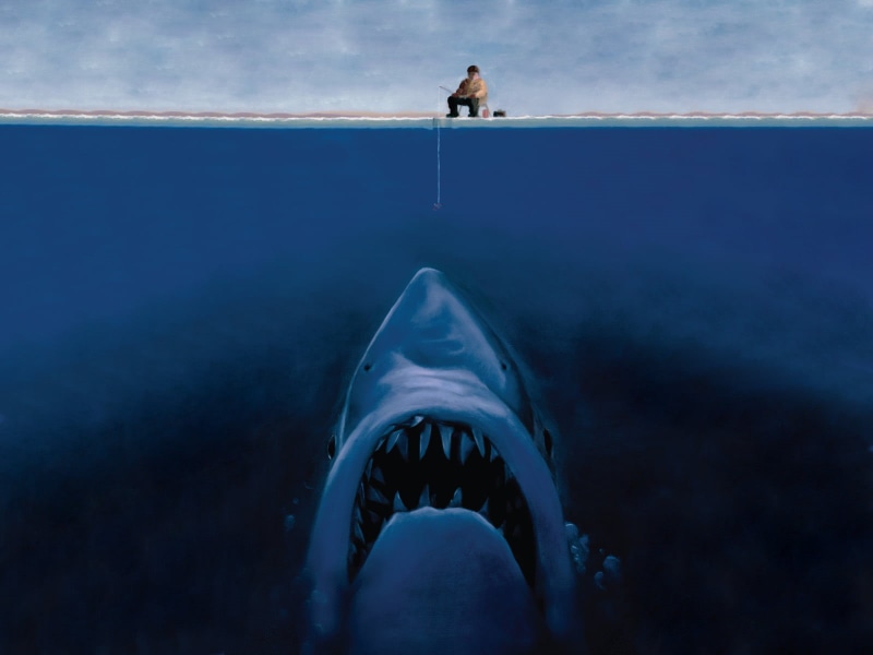 gray, people, blue, underwater, fishing, shark, sky, fantasy art, day, vacations, men, one animal, beach, sea, cloud - sky, mammal, white, adult, 720P