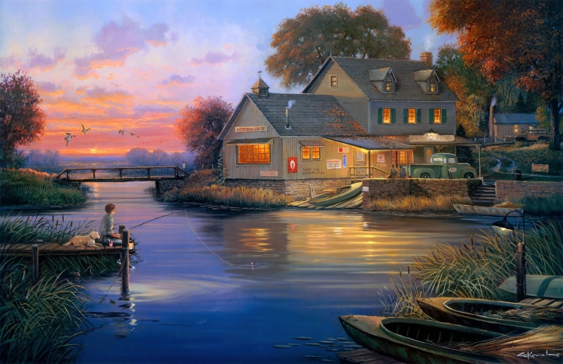 color Image, outdoors, lake, cultures, reflection, tree, pond, painting, night, architecture, transportation, canal, building Exterior, the evening, wood - Material