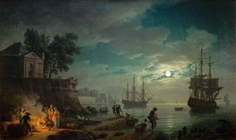 building exterior, people, cloud - sky, sea, architecture, sky, tall ship, mode of transportation, sailboat, built structure, water, people claude joseph vernet men women fisherman artwork classic art painting sailing ship sea clouds night moon house rock barrels fire dog boat