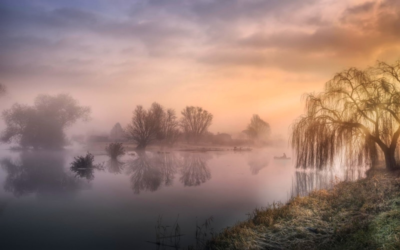 beauty in nature, sky, river, scenics - nature, atmosphere, fog, grass, nature, fisherman, plant, idyllic, non-urban scene, tranquil scene, trees, cloud - sky