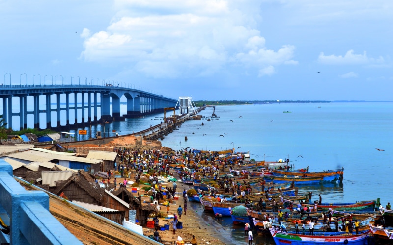 boat, transportation, sea, day, India, moored, sky, bridge - man made structure, cloud - sky, business, travel, outdoors, nature, architecture, blue, built structure