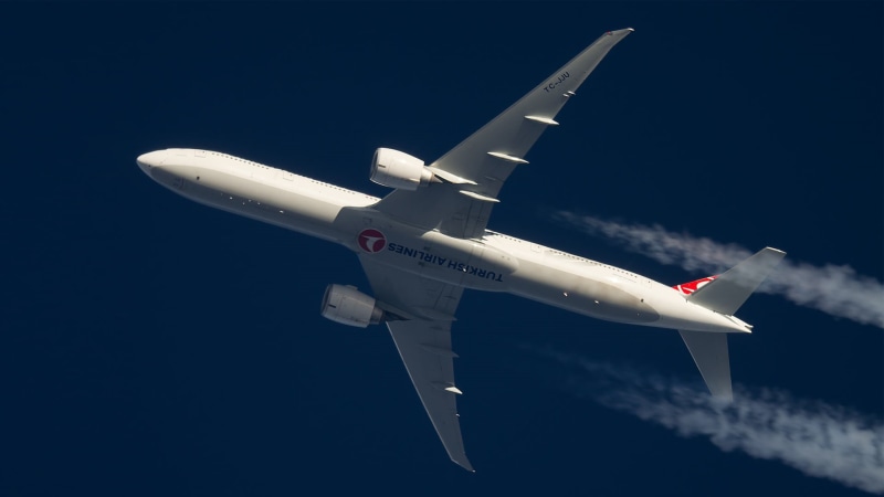 In flight, Boeing 777, Turkish airlines, 1080P, Contrail, The plane