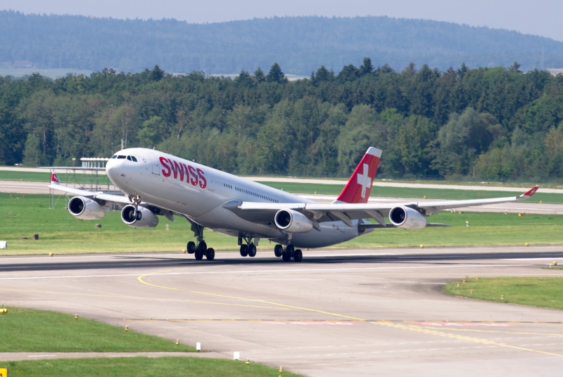 taking off, private airplane, a340, transport, side view, airport, luxury, mountain, air vehicle, 2K, airport zurich, departure, flight, motion, outdoors